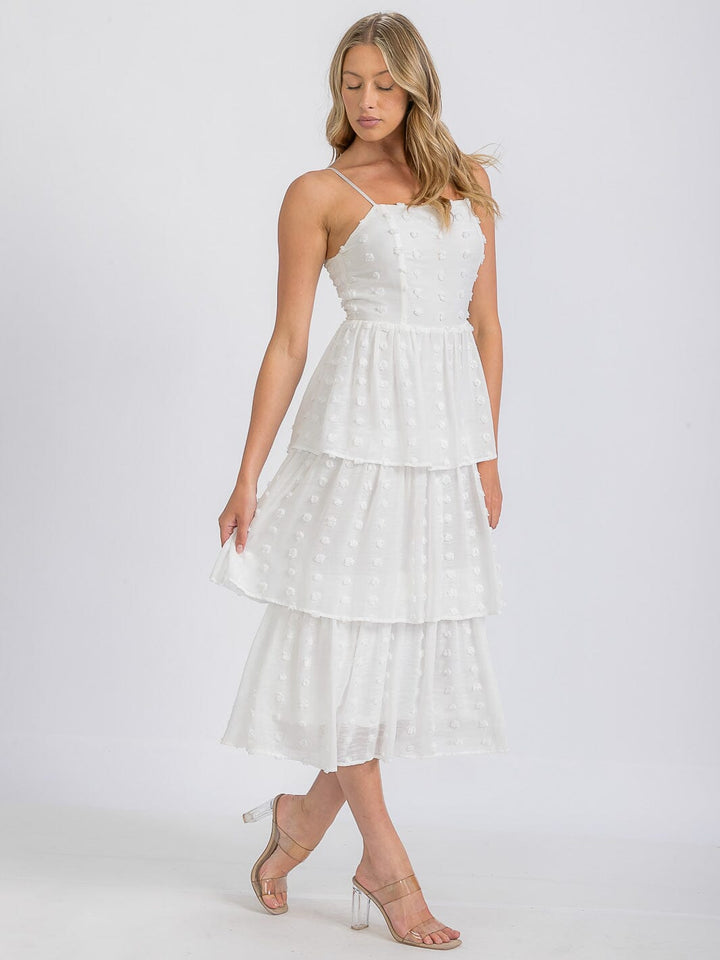 WOMEN'S SLEEVELESS RUFFLE TIERED SWISS DOTS MIDI DRESS