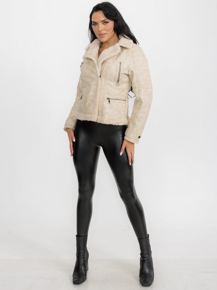 WOMEN'S LONG SLEEVE SHERPA LINING ZIPPER CLOSURE FRONT POCKETS PU PLEATHER JACKET