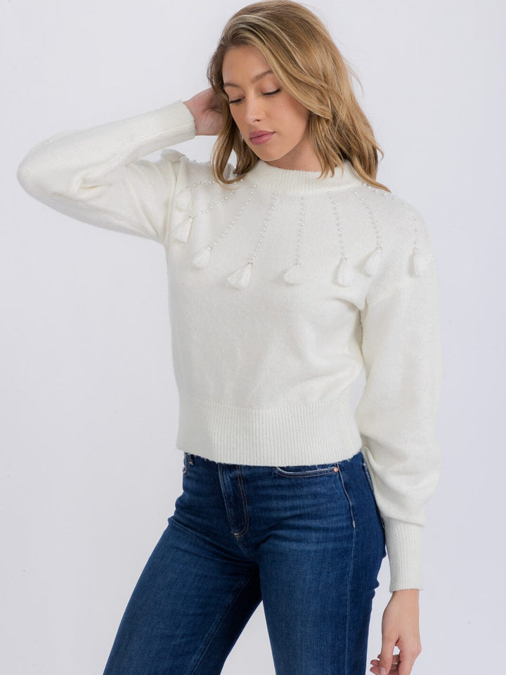 WOMEN'S LONG SLEEVE PEARL TASSEL FUZZY PULLOVER SWEATER