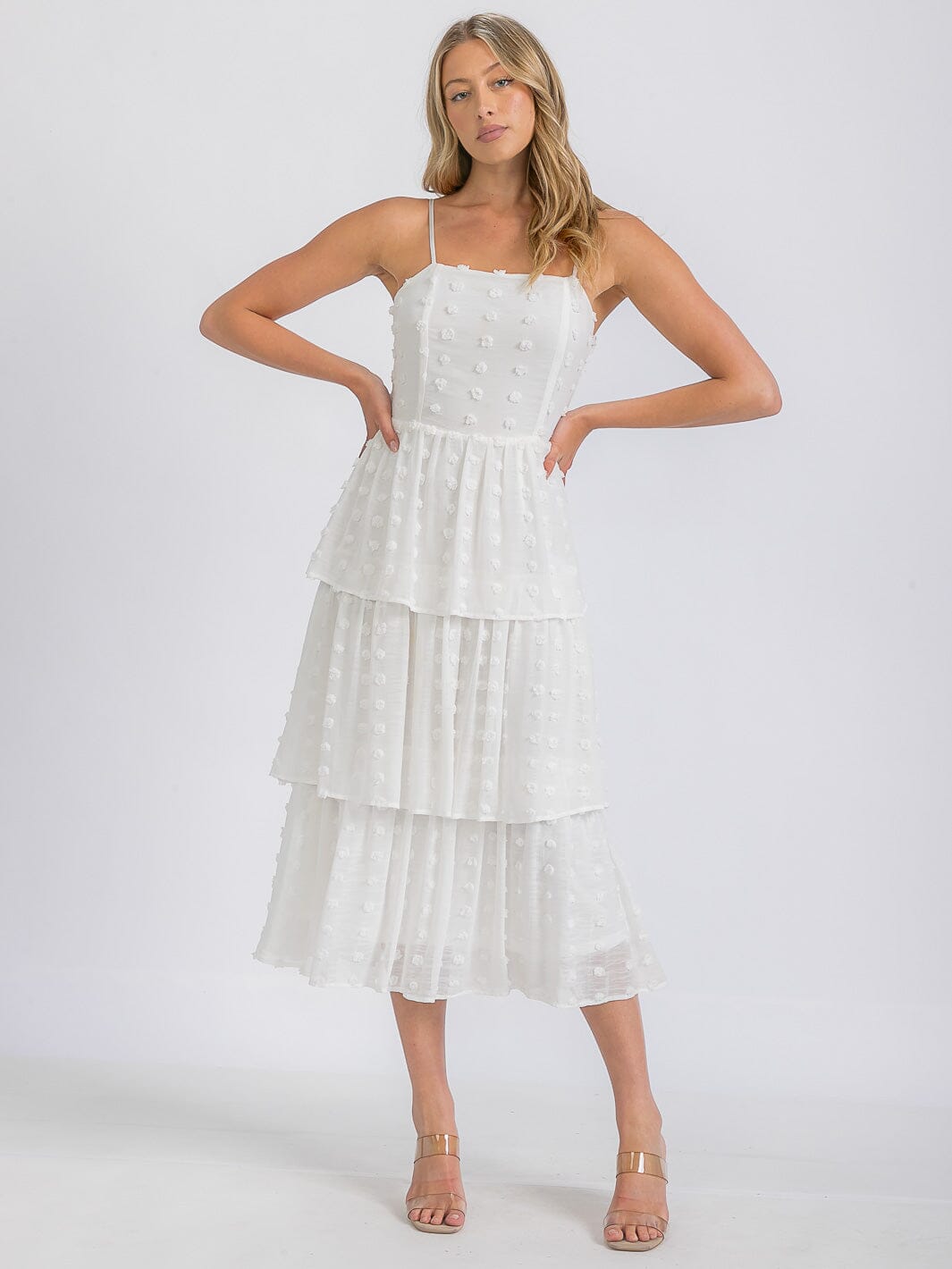 WOMEN'S SLEEVELESS RUFFLE TIERED SWISS DOTS MIDI DRESS