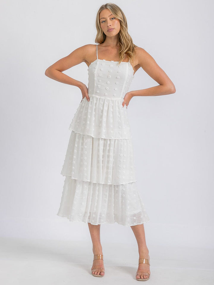 WOMEN'S SLEEVELESS RUFFLE TIERED SWISS DOTS MIDI DRESS