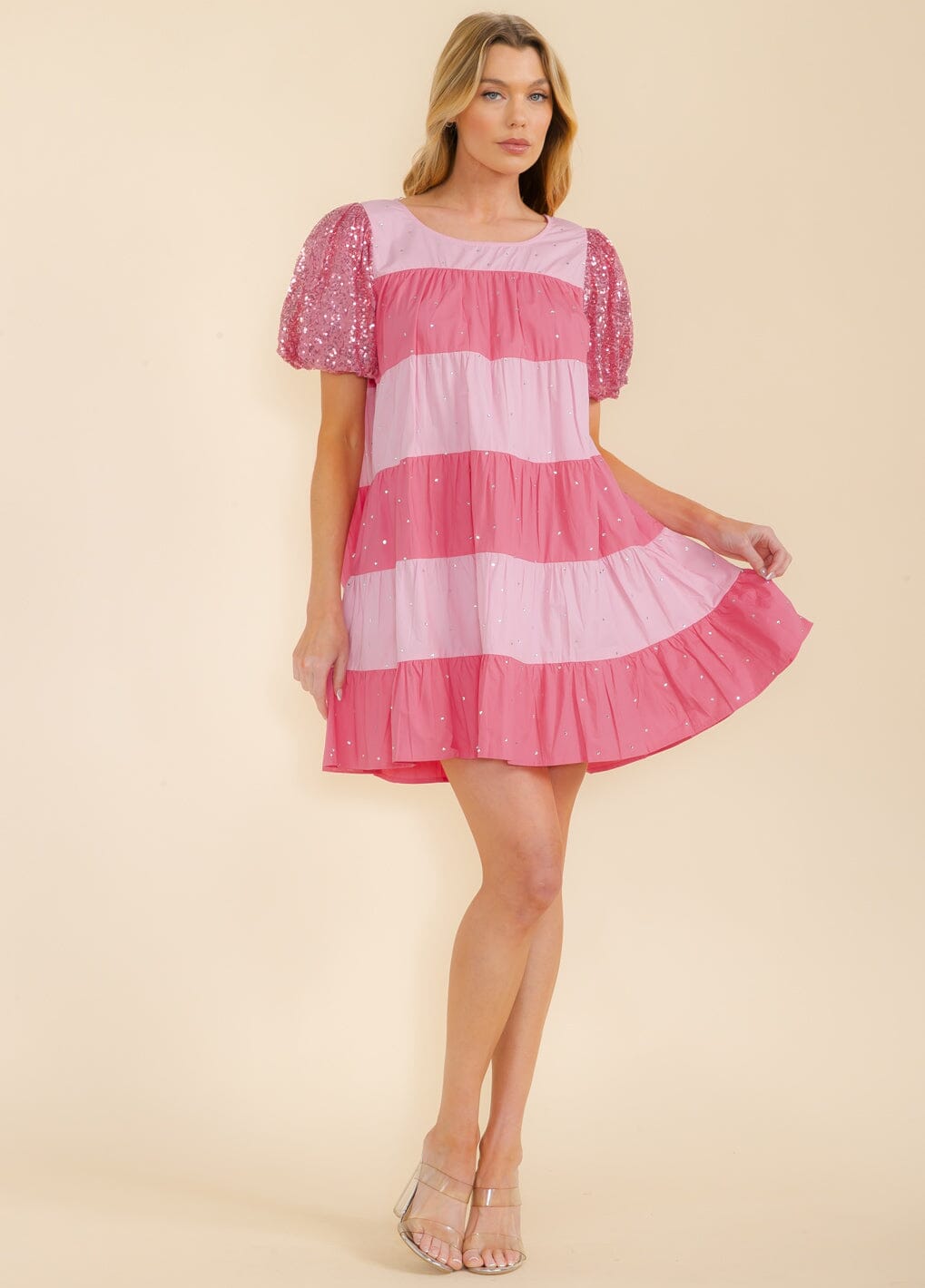 WOMEN'S SHORT SEQUINS SLEEVE COLORBLOCK TUNIC MINI DRESS