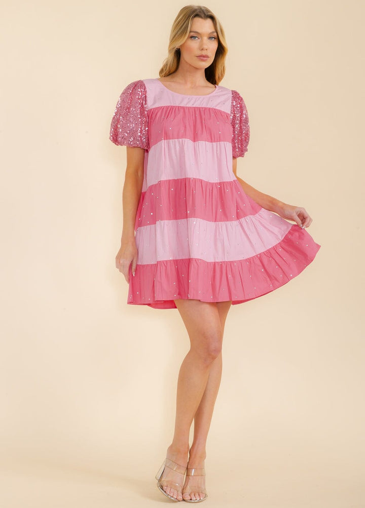 WOMEN'S SHORT SEQUINS SLEEVE COLORBLOCK TUNIC MINI DRESS