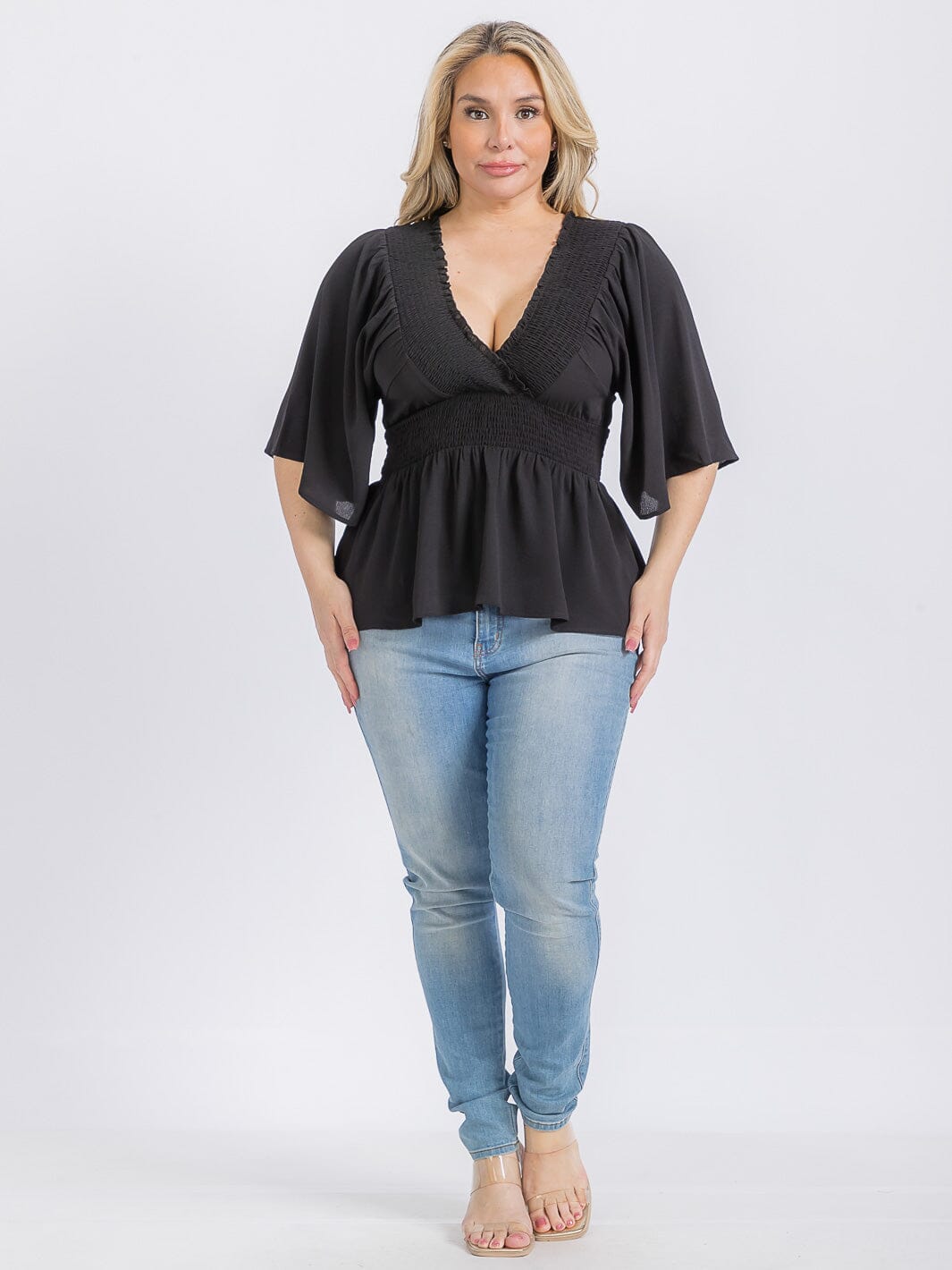 PLUS SIZE SHORT SLEEVE V-NECK SMOCK WAIST PEPLUM BLOUSE