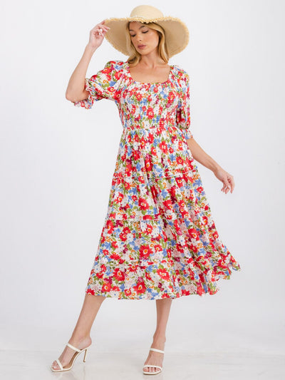WOMEN'S SHORT SLEEVE POCKETS FLOWER SMOCK TIERED MAXI DRESS