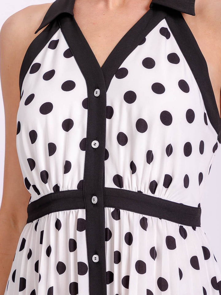 WOMEN'S SLEEVELESS HALTER NECK BUTTON UP POLKA DOTS COLORBLOCK MIDI DRESS