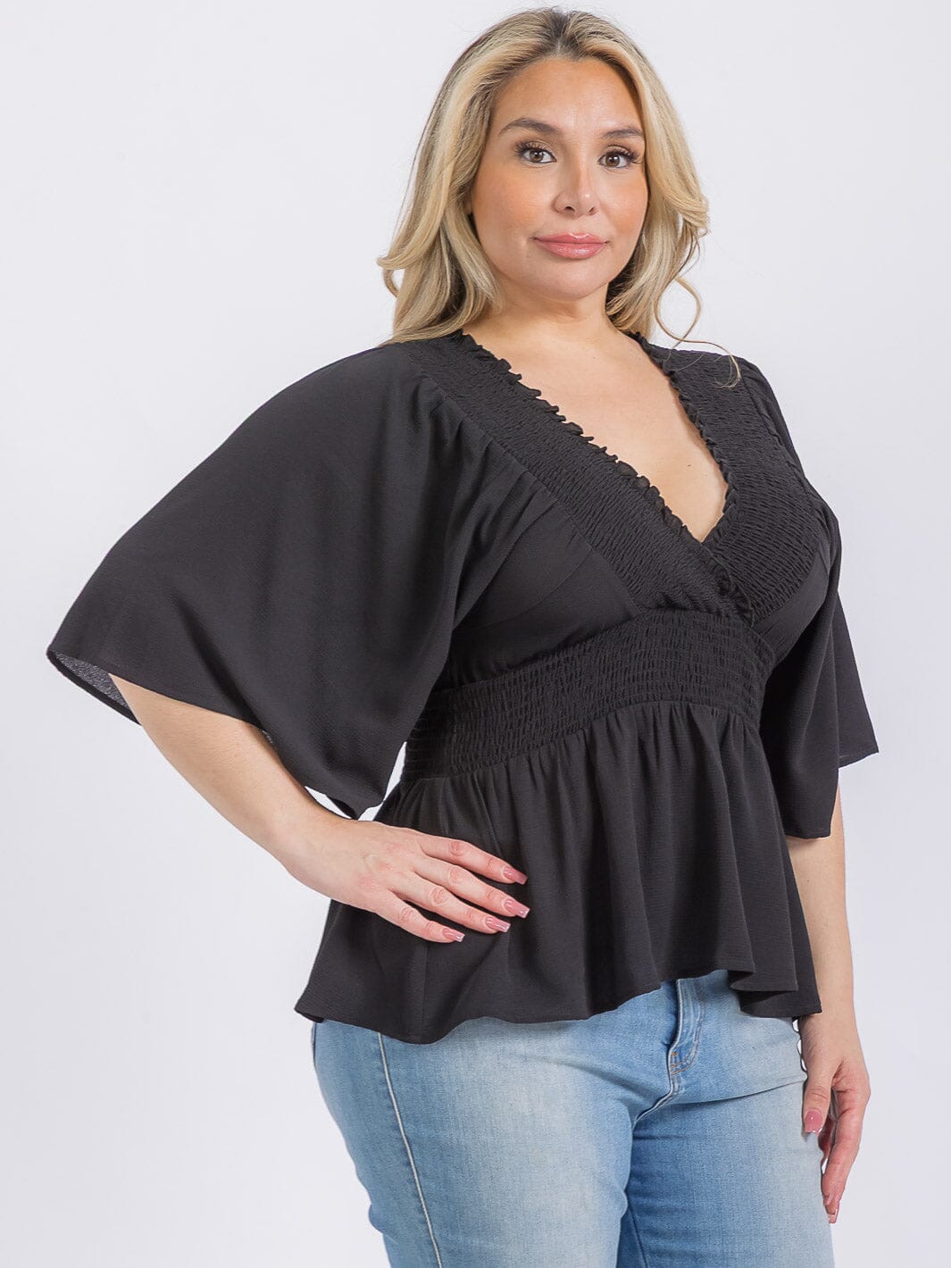PLUS SIZE SHORT SLEEVE V-NECK SMOCK WAIST PEPLUM BLOUSE