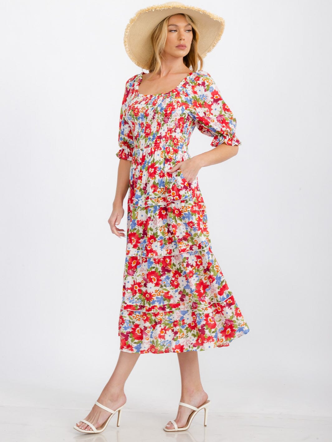 WOMEN'S SHORT SLEEVE POCKETS FLOWER SMOCK TIERED MAXI DRESS