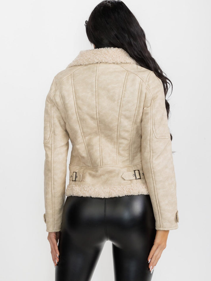 WOMEN'S LONG SLEEVE SHERPA LINING ZIPPER CLOSURE FRONT POCKETS PU PLEATHER JACKET