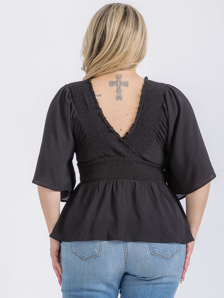 PLUS SIZE SHORT SLEEVE V-NECK SMOCK WAIST PEPLUM BLOUSE