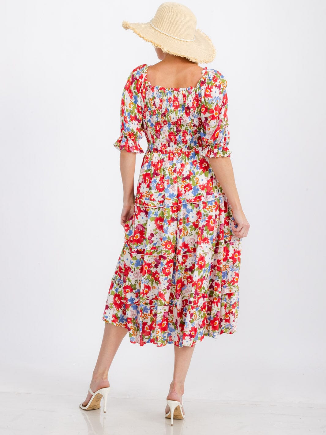 WOMEN'S SHORT SLEEVE POCKETS FLOWER SMOCK TIERED MAXI DRESS