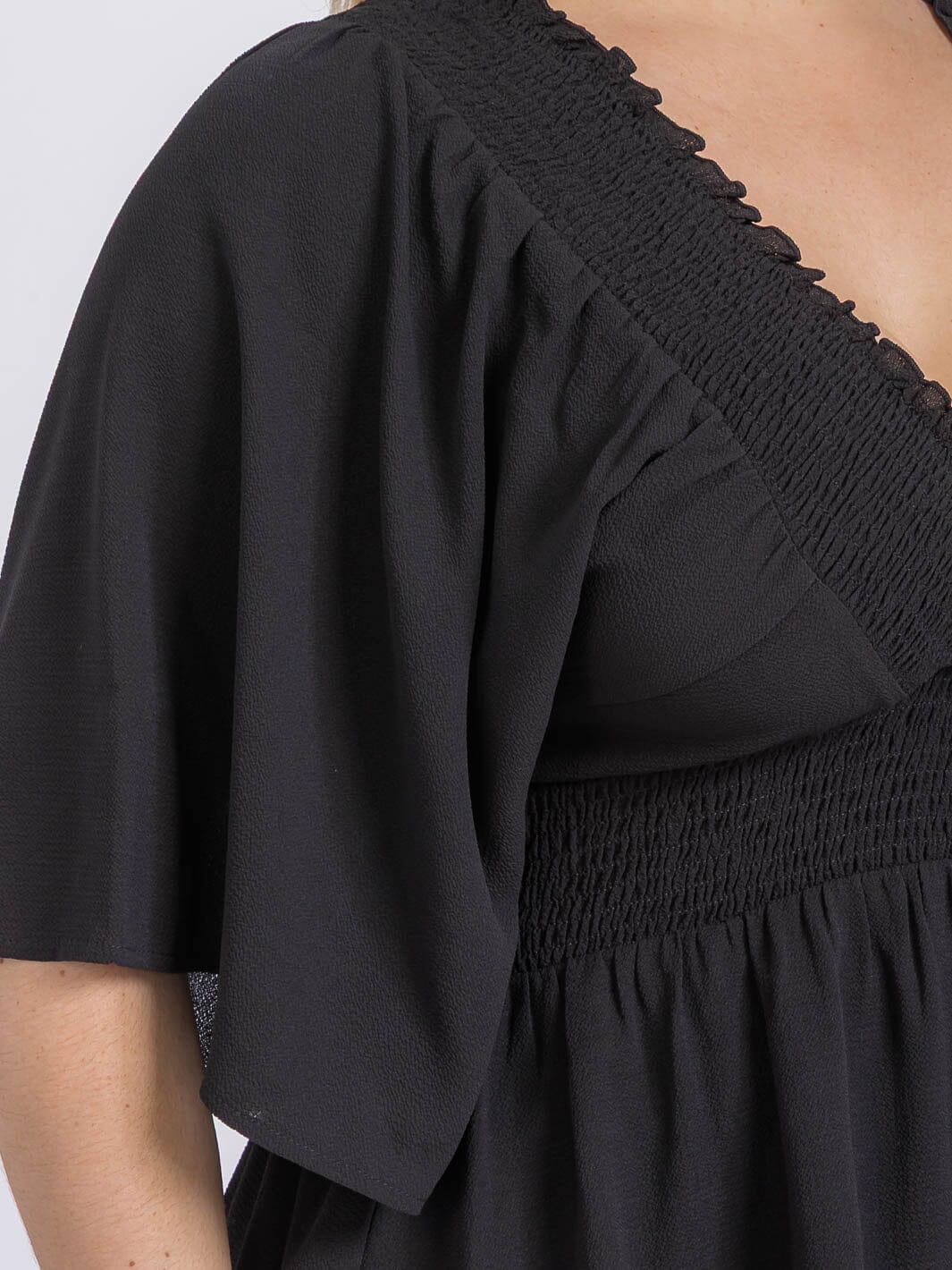 PLUS SIZE SHORT SLEEVE V-NECK SMOCK WAIST PEPLUM BLOUSE