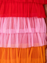 WOMEN'S SLEEVELESS NECK TIE TIERED RUFFLE COLORBLOCK MINI DRESS