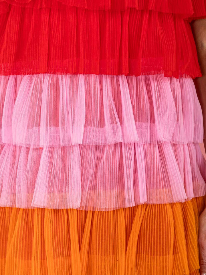 WOMEN'S SLEEVELESS NECK TIE TIERED RUFFLE COLORBLOCK MINI DRESS