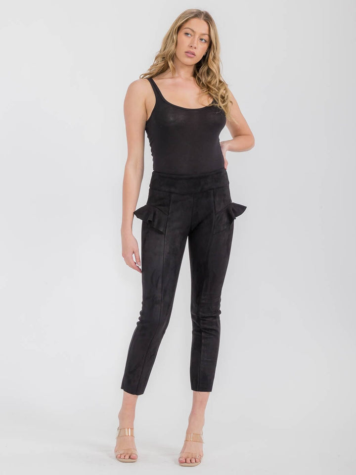 WOMEN'S ZIPPER CLOSURE RUFFLE DETAILED VELVET SKINNY PANTS