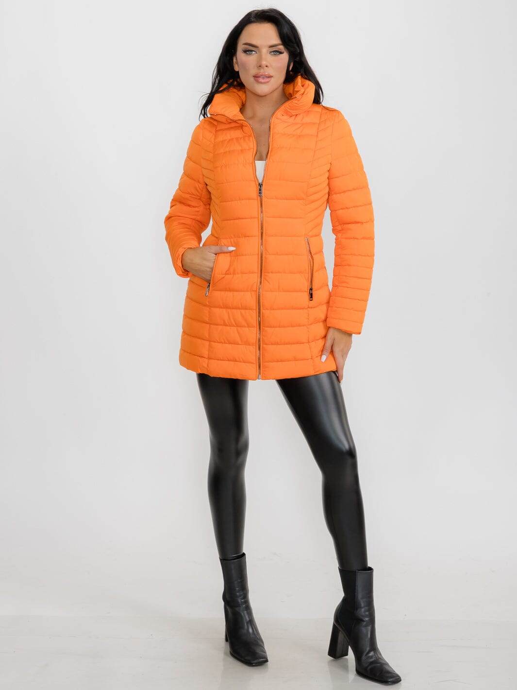 WOMEN'S LONG SLEEVE ZIPPER CLOSURE FRONT POCKETS PUFFER JACKET