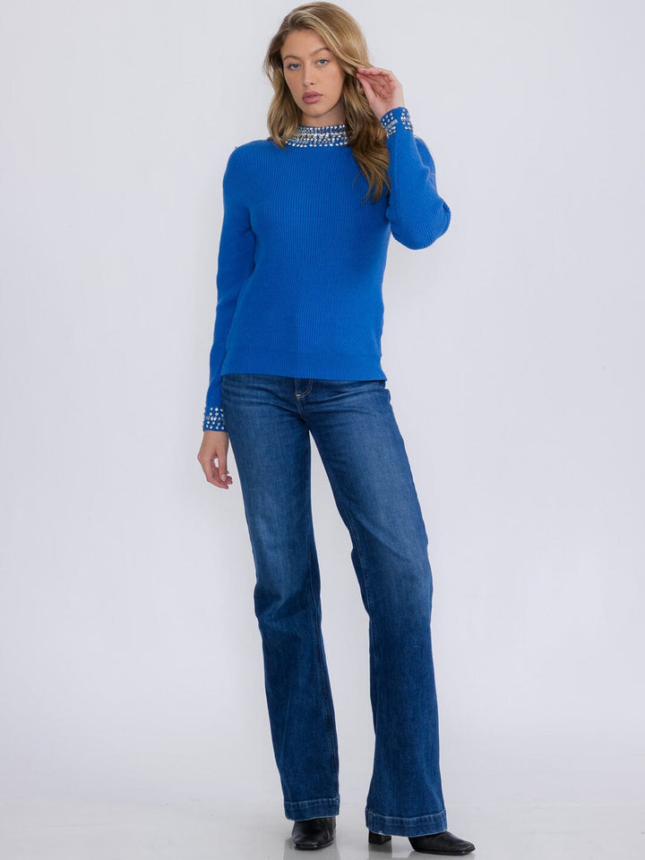 WOMEN'S LONG SLEEVE TRIM STUDS DETAILED PULLOVER SWEATER