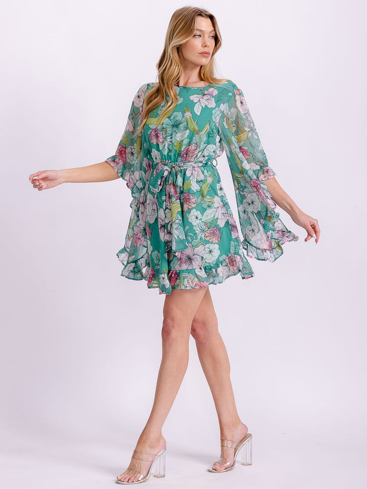WOMEN'S SHORT BELL SLEEVE ELASTIC WAIST SELF TIE FLORAL MINI DRESS