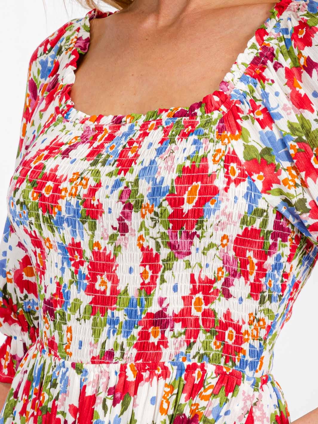 WOMEN'S SHORT SLEEVE POCKETS FLOWER SMOCK TIERED MAXI DRESS
