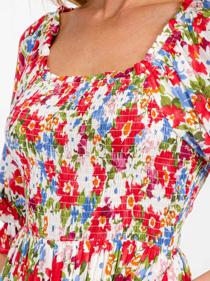 WOMEN'S SHORT SLEEVE POCKETS FLOWER SMOCK TIERED MAXI DRESS