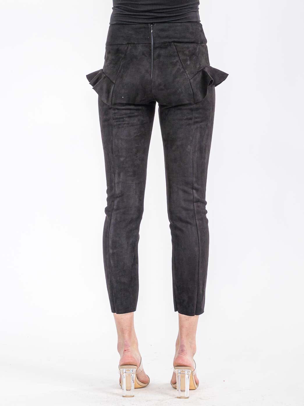 WOMEN'S ZIPPER CLOSURE RUFFLE DETAILED VELVET SKINNY PANTS