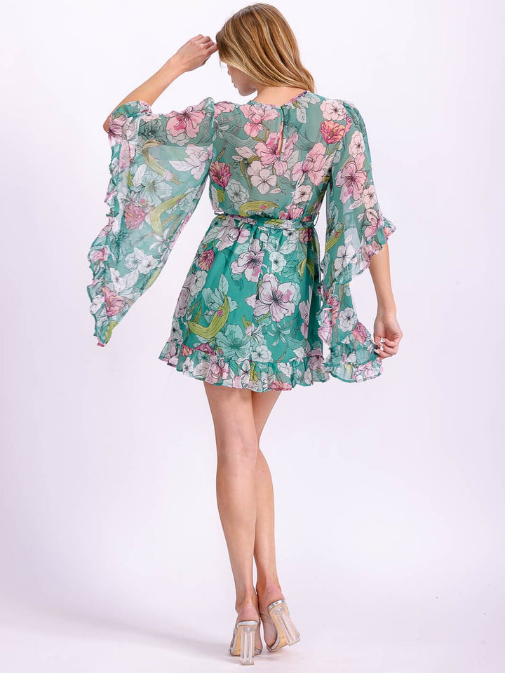 WOMEN'S SHORT BELL SLEEVE ELASTIC WAIST SELF TIE FLORAL MINI DRESS