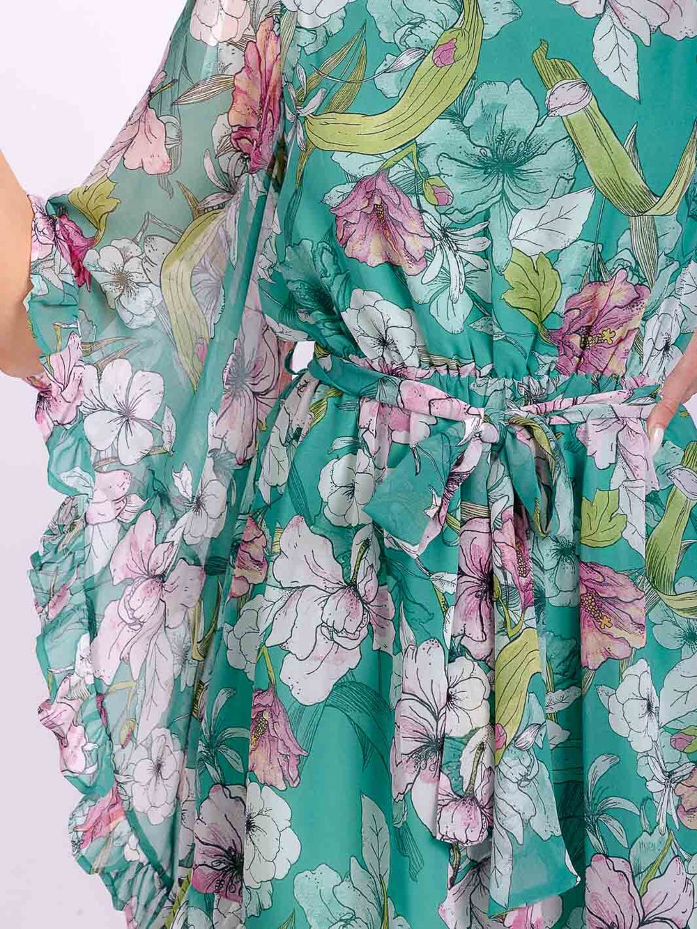 WOMEN'S SHORT BELL SLEEVE ELASTIC WAIST SELF TIE FLORAL MINI DRESS