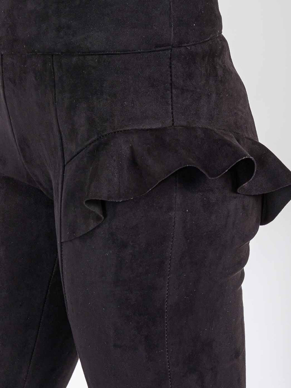 WOMEN'S ZIPPER CLOSURE RUFFLE DETAILED VELVET SKINNY PANTS