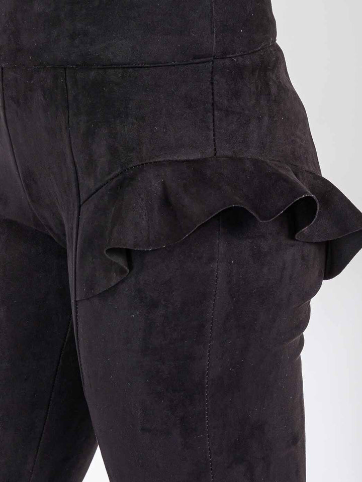 WOMEN'S ZIPPER CLOSURE RUFFLE DETAILED VELVET SKINNY PANTS