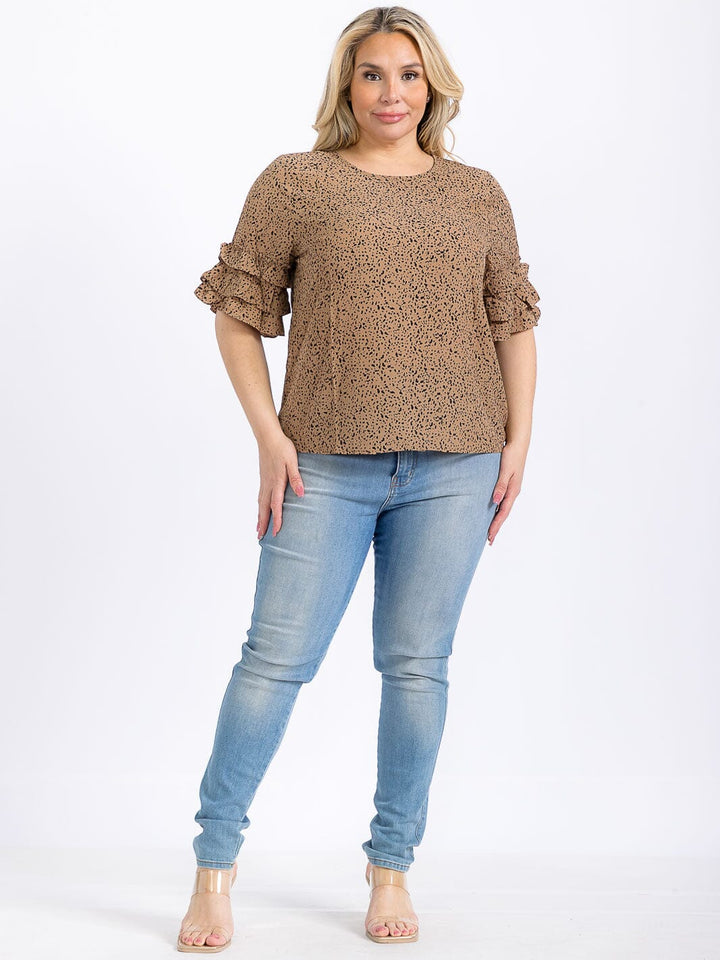 PLUS SIZE SHORT RUFFLE SLEEVE ANIMAL PRINT BLOUSE