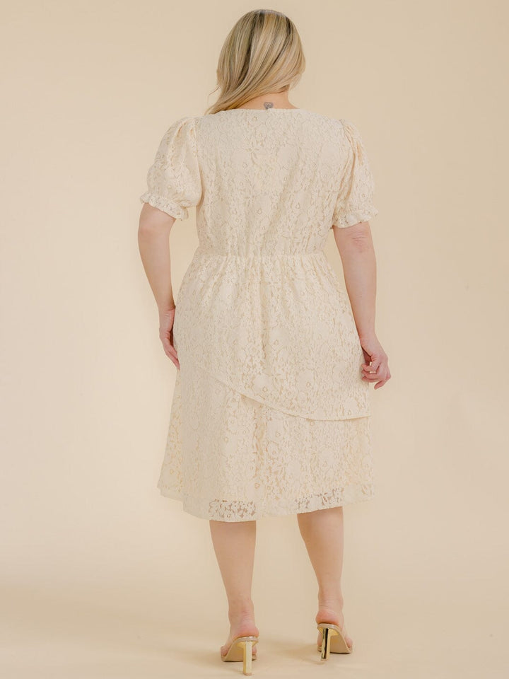 PLUS SIZE SHORT SLEEVE LACE FLORAL TIERED MIDI DRESS