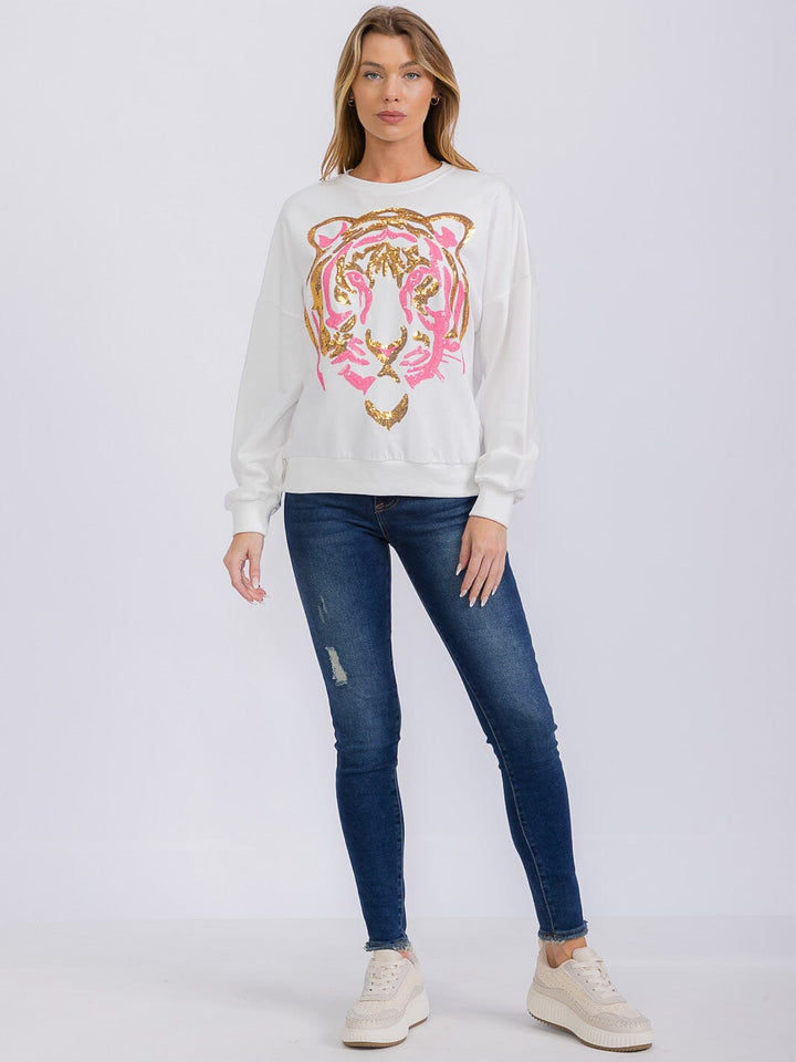 WOMEN'S LONG SLEEVE SEQUINS GRAPHIC PULLOVER SWEATER