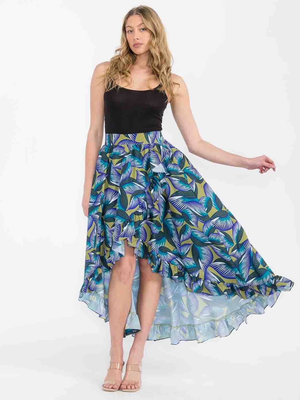 WOMEN'S ELASTIC WAIST RUFFLE HIGH-LOW LEAF PRINT MAXI SKIRT