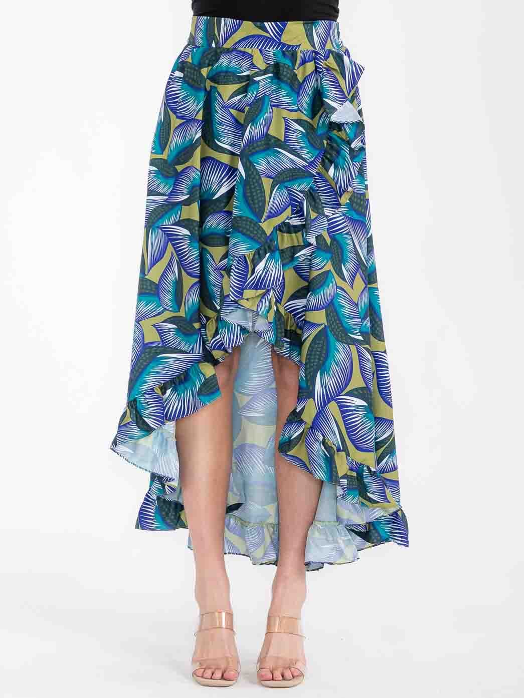 WOMEN'S ELASTIC WAIST RUFFLE HIGH-LOW LEAF PRINT MAXI SKIRT