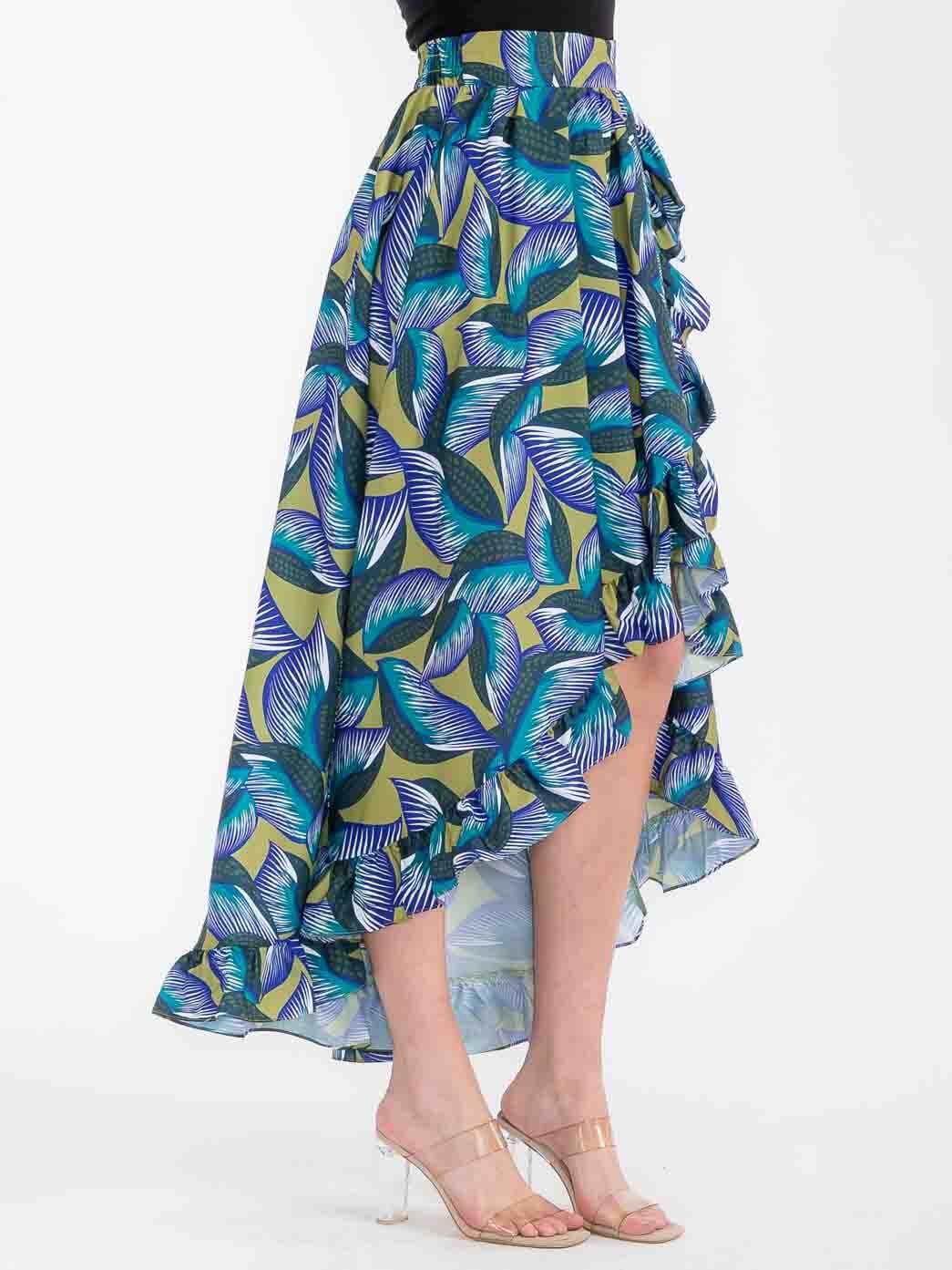 WOMEN'S ELASTIC WAIST RUFFLE HIGH-LOW LEAF PRINT MAXI SKIRT