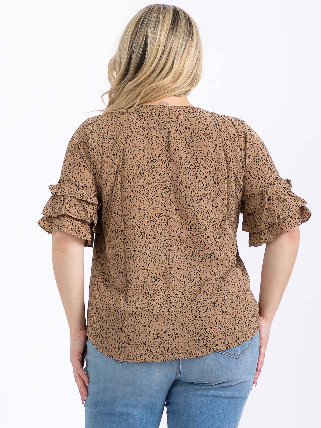 PLUS SIZE SHORT RUFFLE SLEEVE ANIMAL PRINT BLOUSE