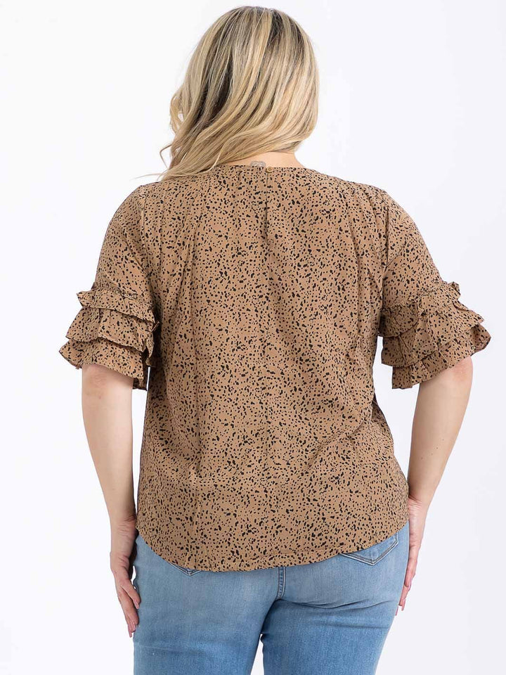PLUS SIZE SHORT RUFFLE SLEEVE ANIMAL PRINT BLOUSE
