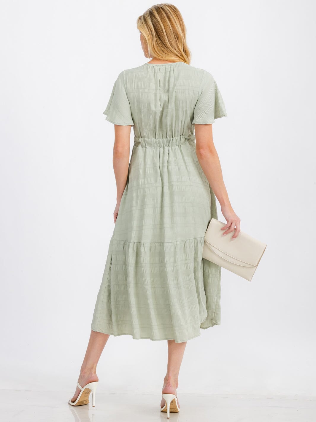 WOMEN'S SHORT SLEEVE V-NECK SELF TIE DETAILED MAXI DRESS