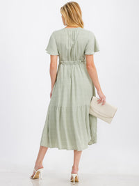 WOMEN'S SHORT SLEEVE V-NECK SELF TIE DETAILED MAXI DRESS