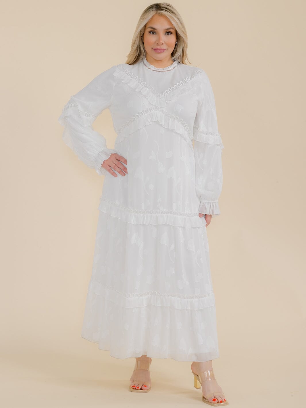 PLUS SIZE LONG SLEEVE TIERED RUFFLE MAXI DRESS