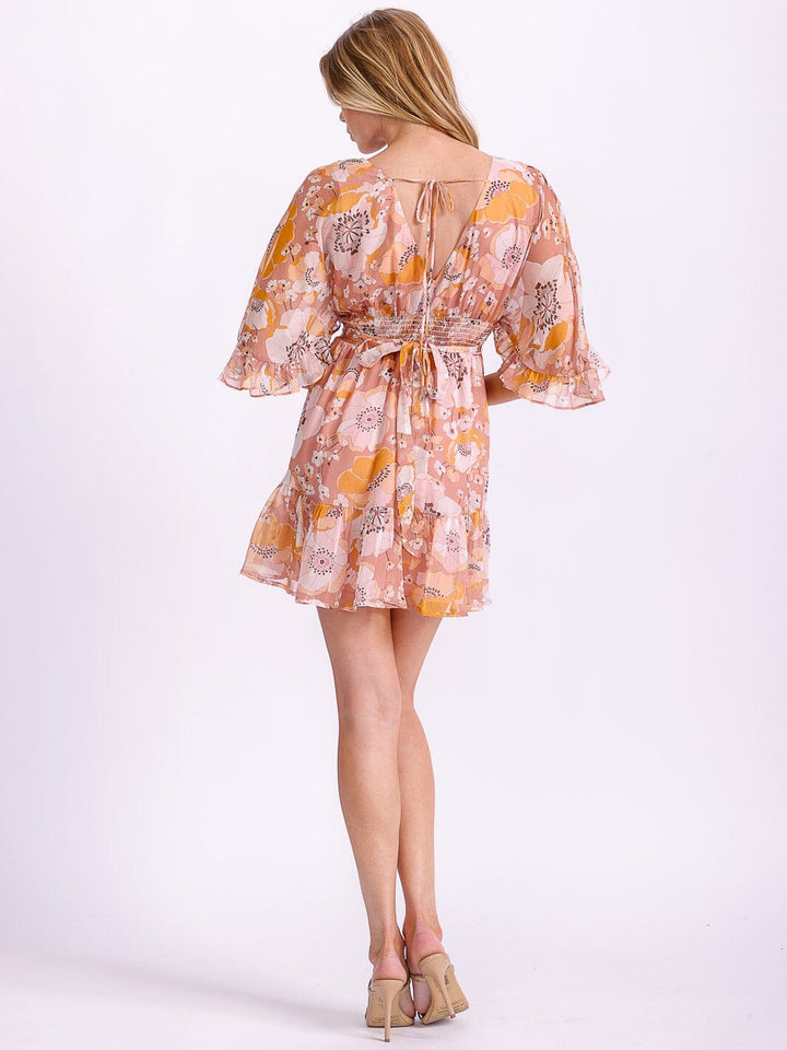 WOMEN'S SHORT SLEEVE SMOCK WAIST FLORAL MINI DRESS
