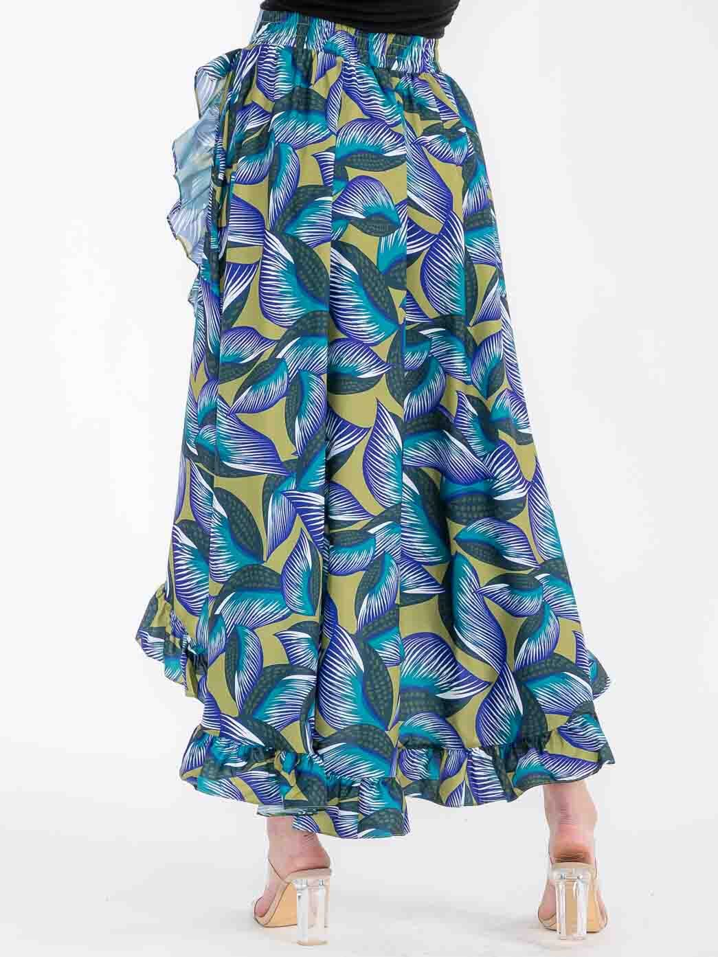 WOMEN'S ELASTIC WAIST RUFFLE HIGH-LOW LEAF PRINT MAXI SKIRT