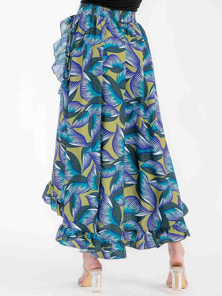 WOMEN'S ELASTIC WAIST RUFFLE HIGH-LOW LEAF PRINT MAXI SKIRT