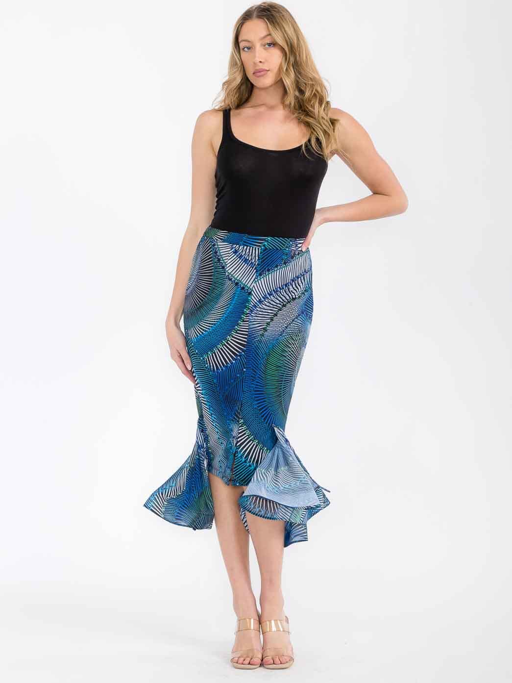 WOMEN'S ZIPPER CLOSURE RUFFLE HIGH-LOW MULTI PRINT MIDI SKIRT