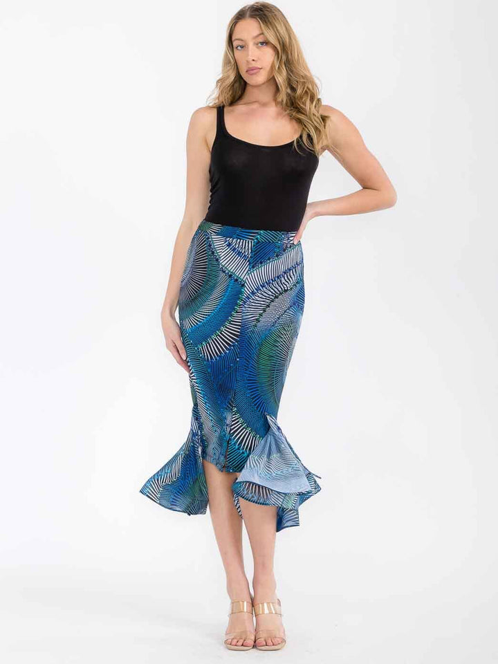 WOMEN'S ZIPPER CLOSURE RUFFLE HIGH-LOW MULTI PRINT MIDI SKIRT