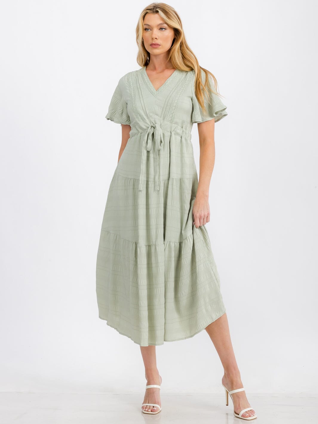 WOMEN'S SHORT SLEEVE V-NECK SELF TIE DETAILED MAXI DRESS