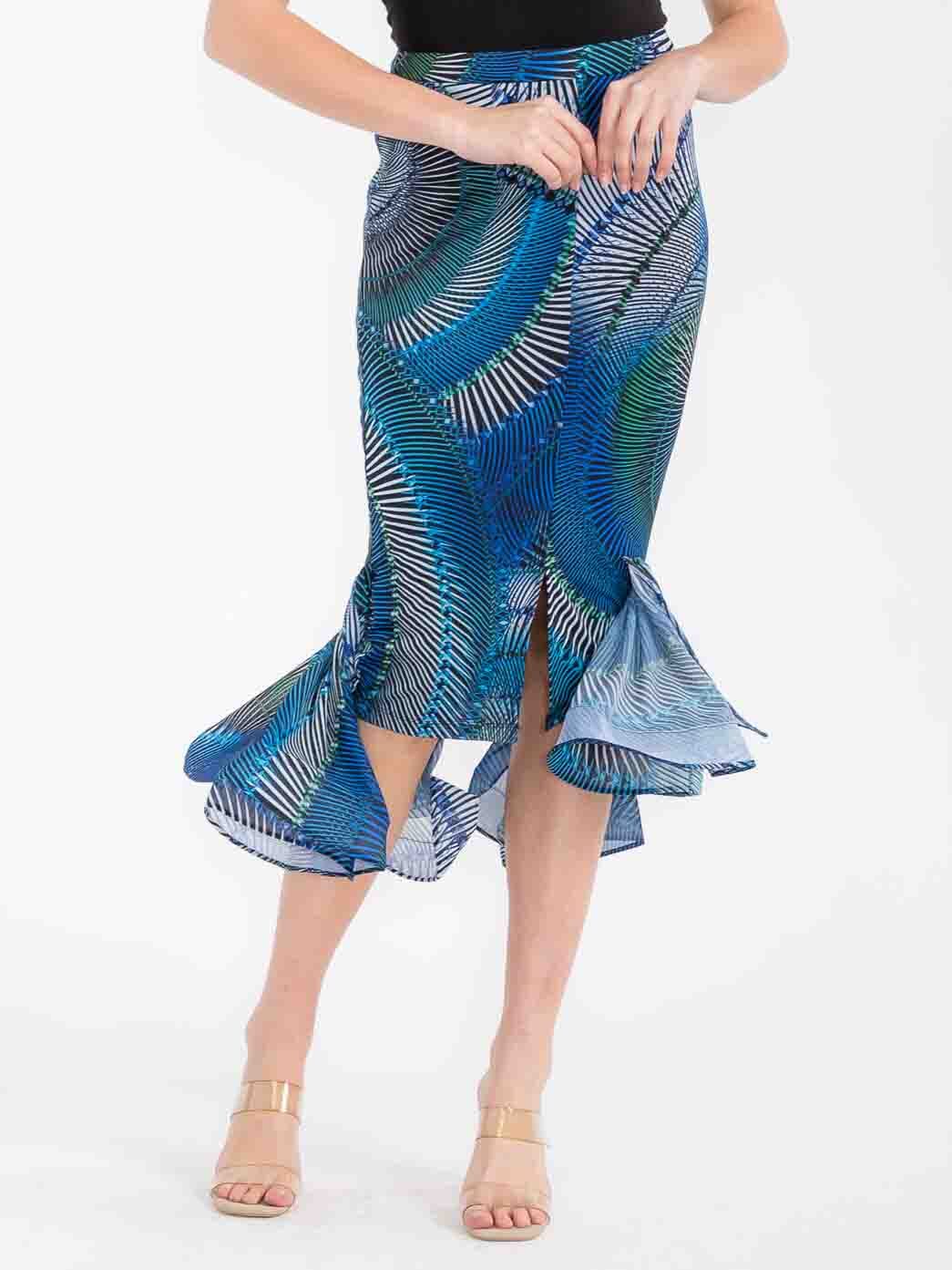 WOMEN'S ZIPPER CLOSURE RUFFLE HIGH-LOW MULTI PRINT MIDI SKIRT