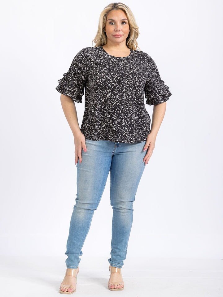 PLUS SIZE SHORT RUFFLE SLEEVE ANIMAL PRINT BLOUSE