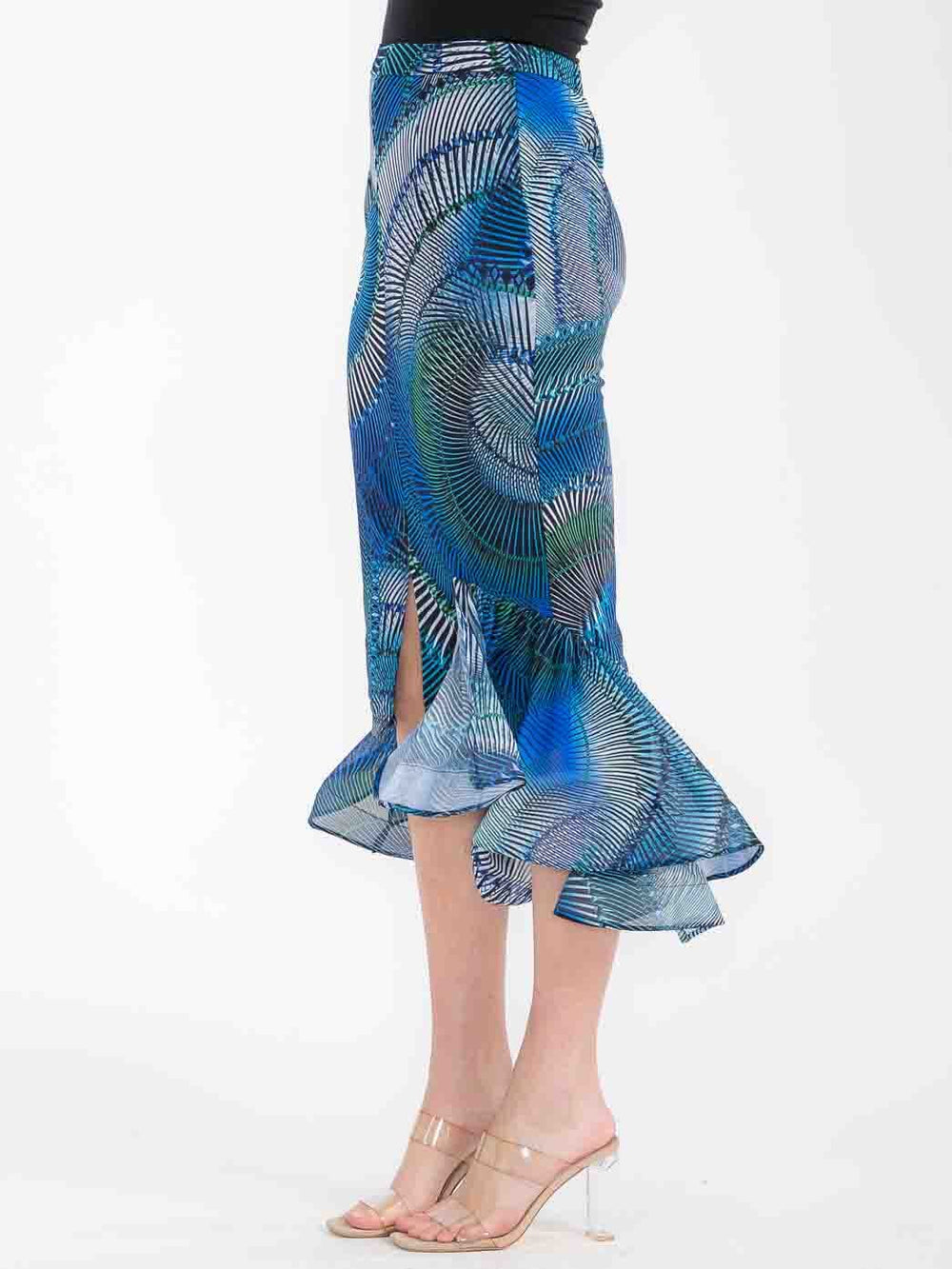 WOMEN'S ZIPPER CLOSURE RUFFLE HIGH-LOW MULTI PRINT MIDI SKIRT