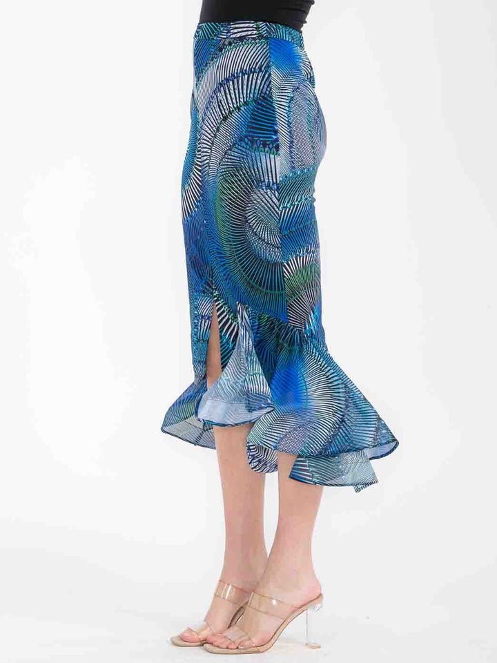 WOMEN'S ZIPPER CLOSURE RUFFLE HIGH-LOW MULTI PRINT MIDI SKIRT